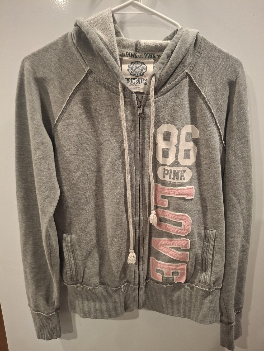 PINK Victoria's Secret Grey Zip-Up Hoodie with Pink 'LOVE' Applique